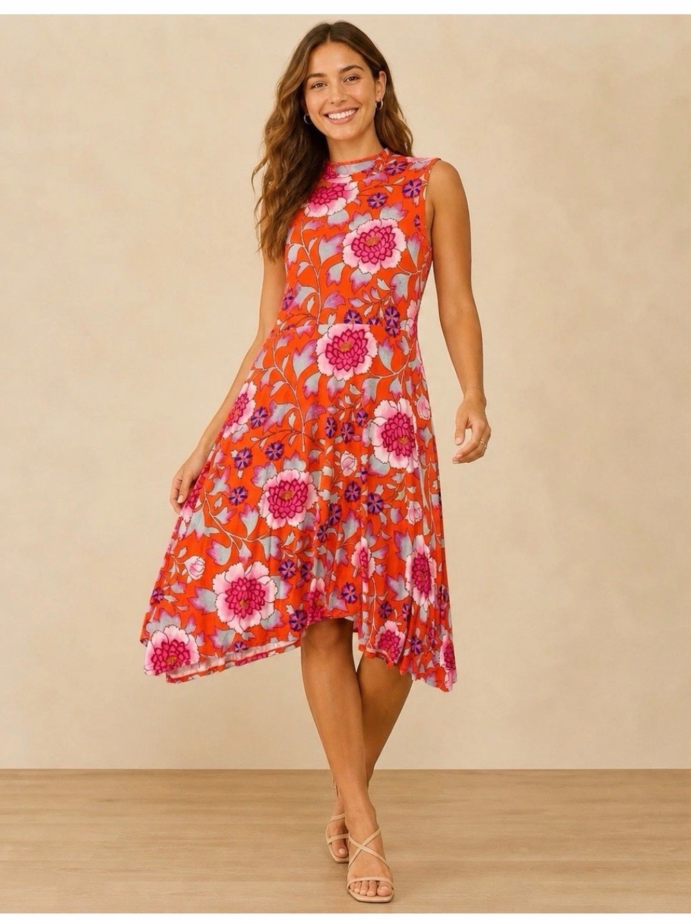 Maeve at Anthropologie Vibrant Orange Floral Dress with Pink & Purple Blooms